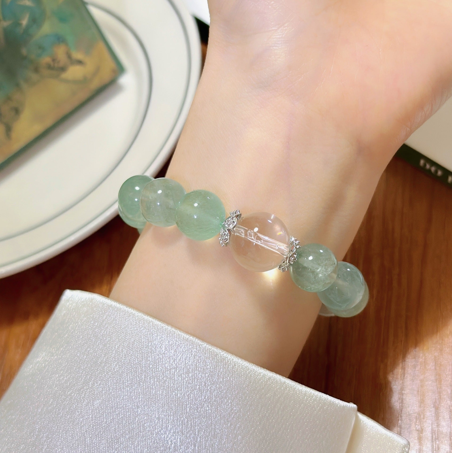 Lumina Aura Nature's Harmony Healing Bracelet Green Fluorite, White Crystal & Sterling Silver | Spiritual Balance & Elegance