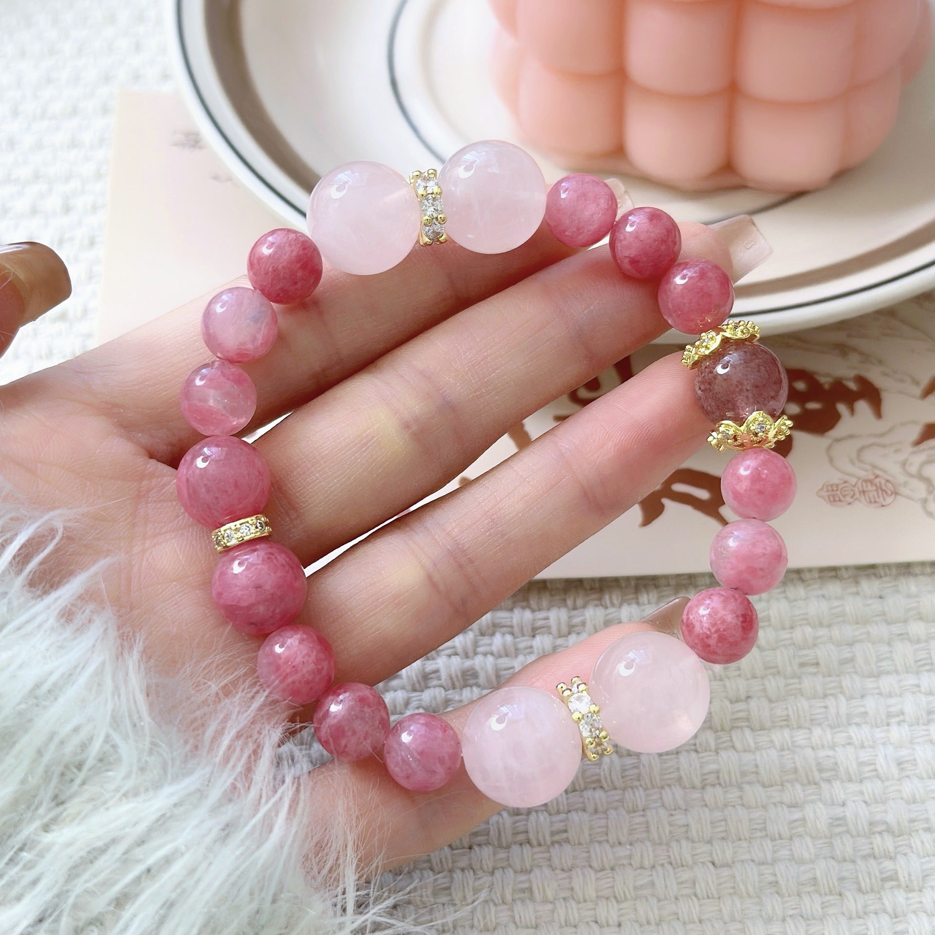 Lumina Aura Pink Quartz & Strawberry Crystal Bracelet – A Harmonious Blend of Elegance and Spiritual Energy
