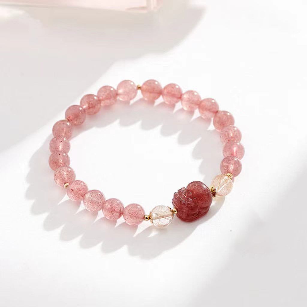 Lumina Aura Strawberry Quartze & Gold Rutilated Quartz Pi Yao Bracelet - Spiritual Talisman for Love, Wealth & Empowerment