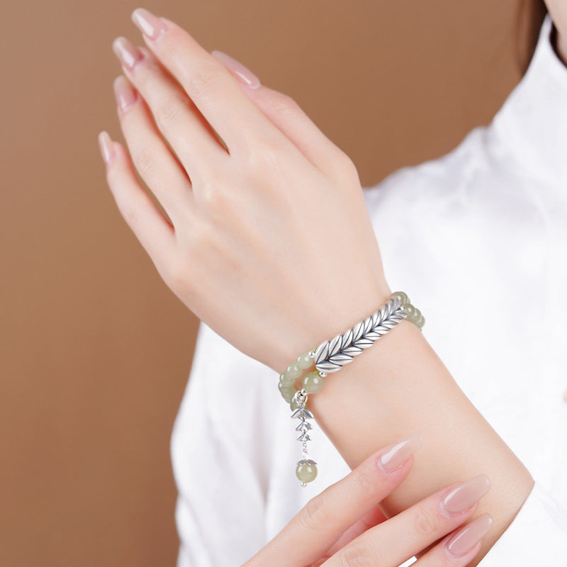 Lumina Aura Celestial Harmony Jade & Silver Wheat Bracelet