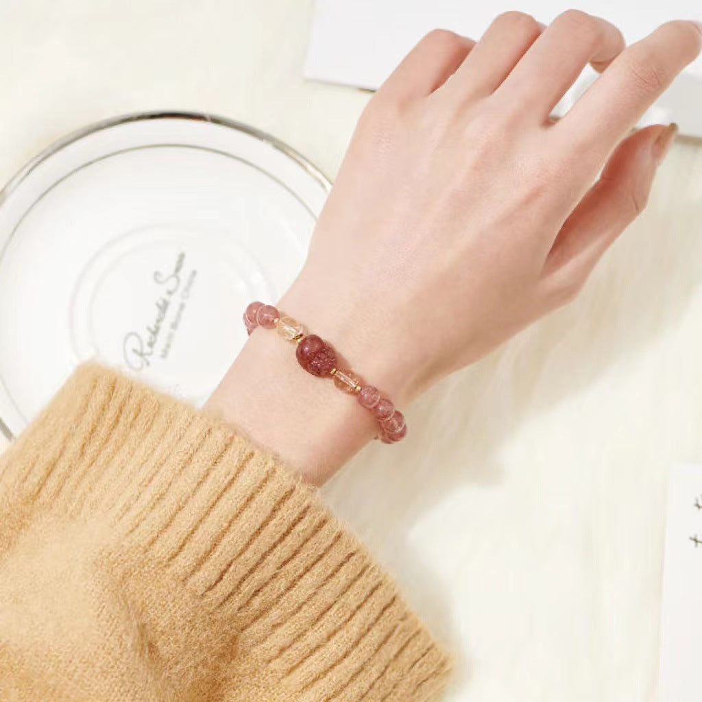 Lumina Aura Strawberry Quartze & Gold Rutilated Quartz Pi Yao Bracelet - Spiritual Talisman for Love, Wealth & Empowerment