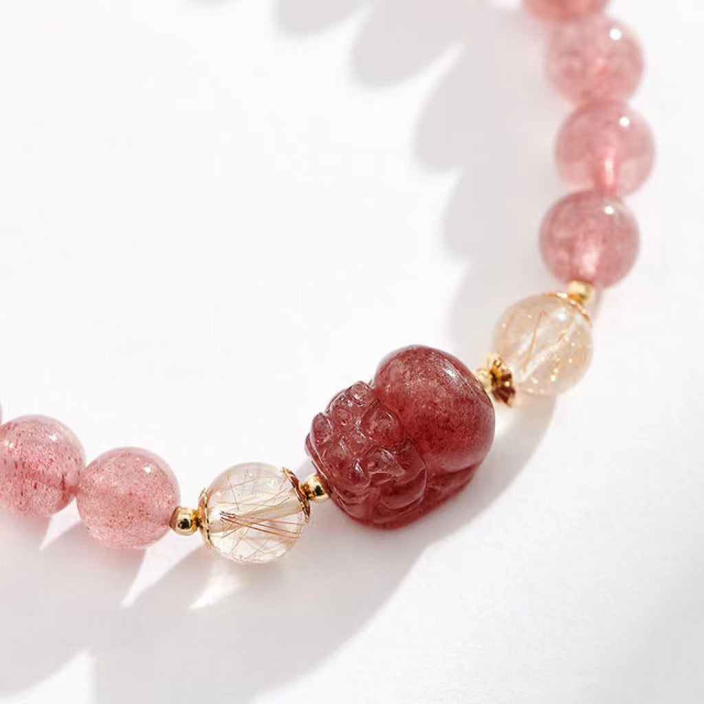 Lumina Aura Strawberry Quartze & Gold Rutilated Quartz Pi Yao Bracelet - Spiritual Talisman for Love, Wealth & Empowerment